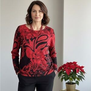 Red & Black Floral Beaded Blouse